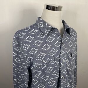 Scandia Woods Large Pearl Snap Shirt Southwest Pattern Knit Blue White Cotton